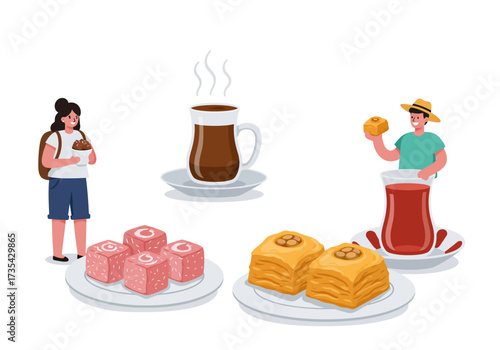 People savoring tea and turkish delights in a beautiful illustration perfect for travel blogs, food magazines, or cultural websites.