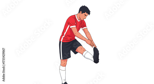 Illustrated soccer player gracefully extends his leg in a preparatory stretch before an intense practice or competitive match scenario