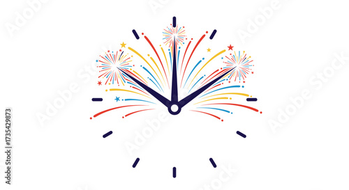 Clock Face with Colorful Fireworks Display at Midnight, Generative AI.