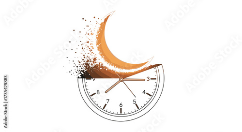 Clock face dissolving into abstract orange crescent shape, Generative AI.