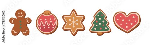 Fünf Weihnachtsplätzchen in einer Reihe: Lebkuchenmann, Weihnachtskugel, Stern, Baum und Herz