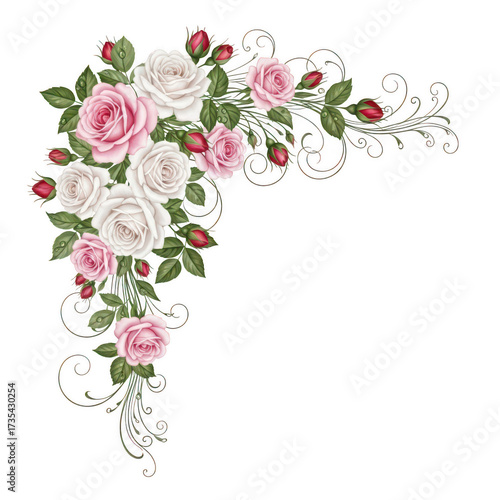 Elegant pink and white roses with delicate swirls floral border design