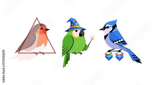 Whimsical Avian Trio: Three charming illustrated birds showcase a playful concept, each embodying a unique theme. Featuring a robin in a triangular frame.