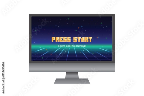 PRESS START. pixel art .8 bit game. Retro Futurism Sci-Fi Background. glowing neon grid on PC monitor background.