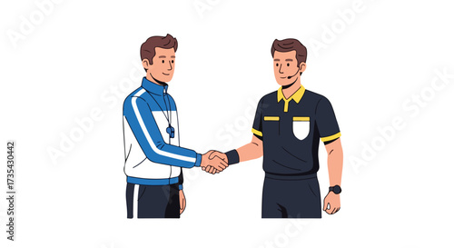 Sportsmanship handshake: Coach and referee agree on fair play and collaboration for upcoming match, symbolizing unity and ethical conduct on the field