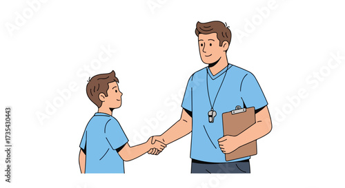 A mentor congratulates a young athlete with a firm handshake symbolizing sportsmanship and the beginning of a winning partnership