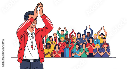 Enthusiastic coach leading a diverse crowd, fostering team spirit and driving towards collective achievement with energetic support and celebratory