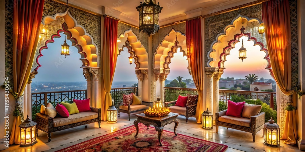 Obraz premium Luxurious Indian balcony lounge with ornate arches, lanterns, and sunset view.
