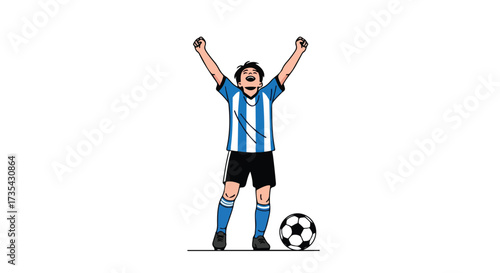 Triumphant football player with arms raised in celebration on a white background illustrating the joy of victory and success on the soccer field