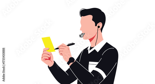 Referee issuing yellow card illustration in minimalist style, representing discipline and decision-making within the sports arena scenario