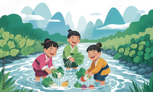 Childrens washing vegetables in the river