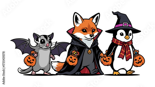 Halloween Trio: A charming illustration of a bat, fox, and penguin, each adorned in whimsical Halloween costumes, cheerfully collecting treats, embodying the fun spirit of the holiday.