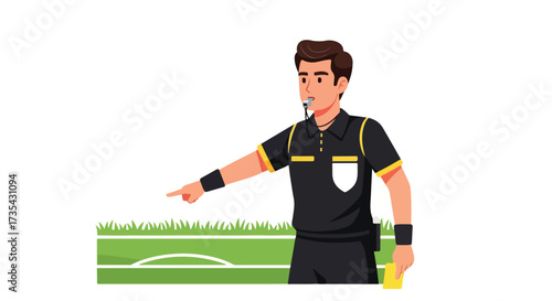 Concentrated football referee gesturing and holding a yellow card during a soccer match signaling play infraction or rule violation on the sports