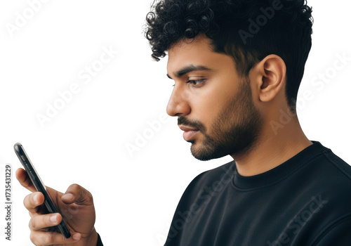 Man looking at his phone isolated on transparent background