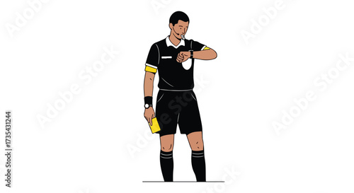 The referee checks his watch during a soccer game, showing the importance of time management in sports officiating