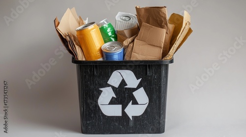 Recycling bin filled with assorted materials including empty cans and cardboard at an indoor setting