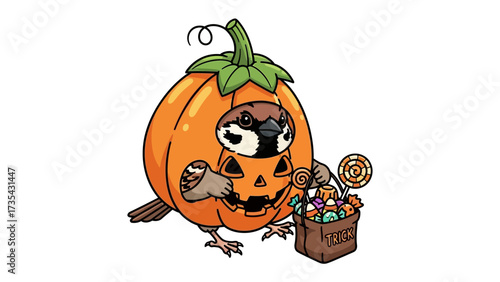 Halloween Sparrow with Candies: An adorable sparrow, playfully peeking through a carved pumpkin, holds a basket filled with tempting candies, perfect for a festive Halloween celebration.