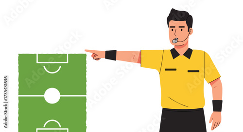 Referee gesturing towards miniature football field conveying strategy or game plan illustration 150 characters
