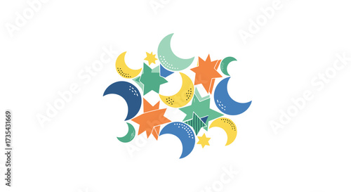 Colorful Crescent Moons and Stars Pattern, Generative AI.
