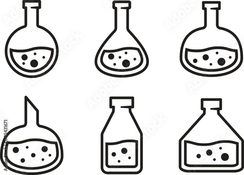 Set of laboratory flasks with liquid and bubbles. Black and white line art icons of chemical beakers, science glassware, experiment containers for education and research design.