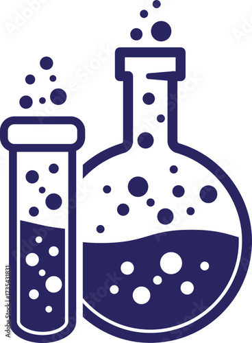 Vector illustration of laboratory glassware with bubbles. Chemistry beaker and test tube filled with liquid. Science, experiment, research, and education concept design.