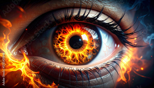 Fiery Eye: Intense Close-Up of Burning Iris, Eyelashes, and Flames.