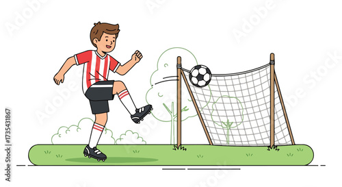 Illustrative depiction of a young soccer athlete practicing with precision scoring goal, fostering a spirit of sport fitness and recreation outdoors