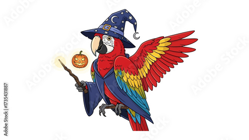 Magical Macaw: A whimsical illustration of a vibrant macaw, adorned in a wizard's garb, casting spells with a magic wand and charming pumpkin. Evoking a sense of enchantment and fantasy