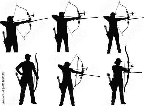 Silhouette archers with bows, archery stances, shooting posture, quiver arrows, traditional sport,