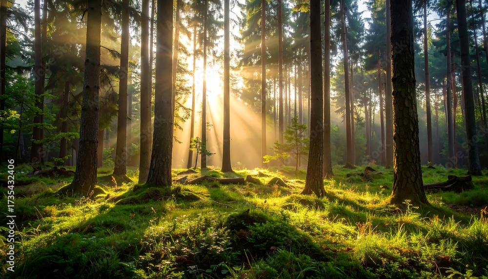 Obraz premium Sunlight streams through a dense forest (14)