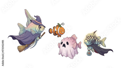 Halloween Costume Fish: An imaginative depiction of playful aquatic creatures dressed in whimsical Halloween costumes, evoking a sense of festive fun and the thrill of October celebrations.