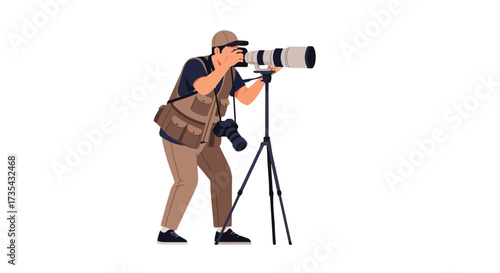 Professional wildlife photographer with telephoto lens capturing images on a tripod in a remote location
