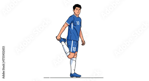 Illustration depicting a soccer player wearing blue uniform stretching his quadriceps muscle before a game warmup routine