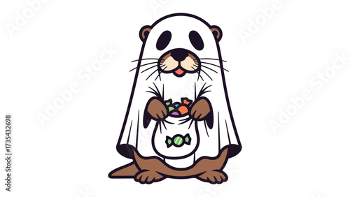 Halloween Otter Delight: A cheerful otter in a ghostly attire joyfully holds a bag full of sweets, ready for festive fun and trick-or-treating on a background!