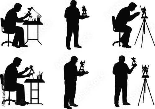 Silhouette person making models, painting action figures, hobby craft, miniature detailing, creative