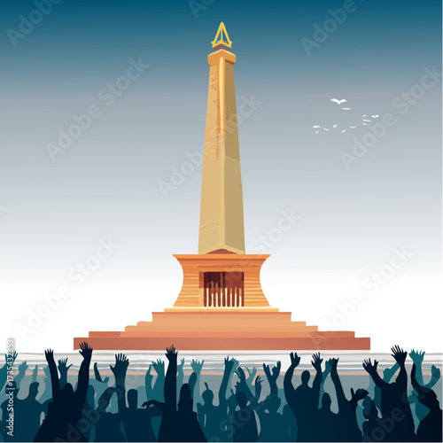 Vector illustration of a crowd celebrating or protesting in front of a large national monument, possibly the Heroes Monument in Surabaya.