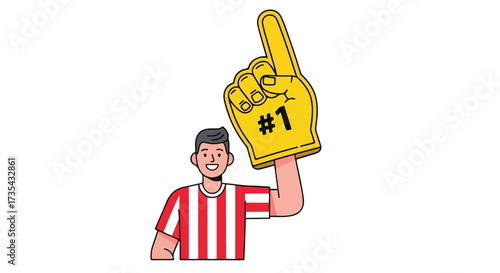 Enthusiastic supporter cheering with foam finger, conveying team spirit and fan loyalty, demonstrating spirited celebration and unwavering team