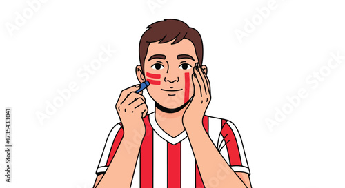 Enthusiastic soccer supporter adorns his face with patriotic stripes before a championship game showing fervent team commitment
