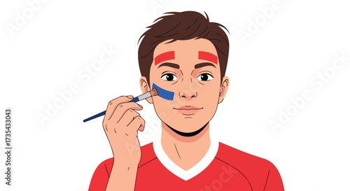 Enthusiastic supporter paints face with team colors, preparing for a match day celebration and showing unwavering fandom with vibrant hues and team