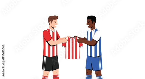 Illustrative depiction of two soccer players exchanging jerseys in a show of sportsmanship and respect between rival teams