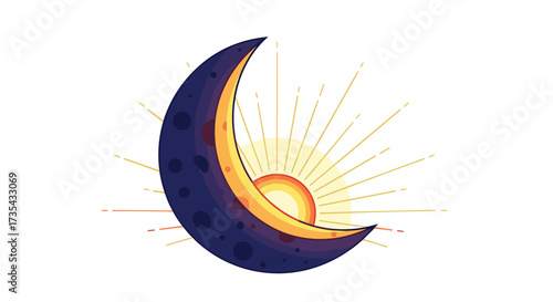 Crescent moon with sunburst behind it mystical celestial, Generative AI.