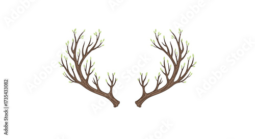 Detailed illustration of two brown deer antlers on a white background, Generative AI.