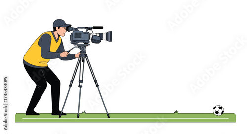 A cameraman with professional equipment filming a soccer game at stadium broadcast event preparations, focusing on sporting event recording and