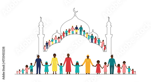 Diverse group of people holding hands in front of a mosque illustration, Generative AI.