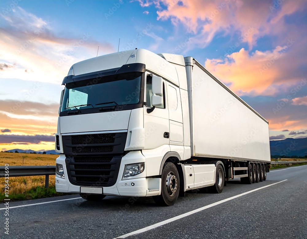 Obraz premium White truck on highway at sunset