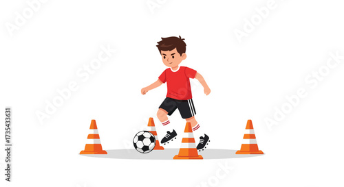 Young soccer player skillfully dribbling a ball through cones during a training session demonstrating coordination and agility on a clean white