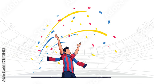 Triumphant Moment: Vector Illustration of a Soccer Player Celebrating Victory Amidst Confetti in a Grand Stadium Design