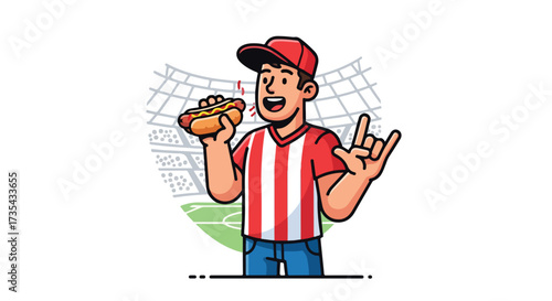 Enthusiastic sports supporter enjoying a hot dog at a soccer match with animated stadium backdrop