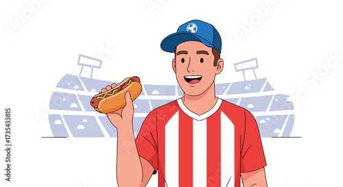 Enthusiastic soccer fan in stadium enjoying a hotdog a matchday experience excitement and joyful celebration of sports and food