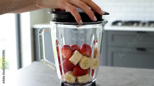 Strawberries and bananas in blender with hand closing lid in kitchen